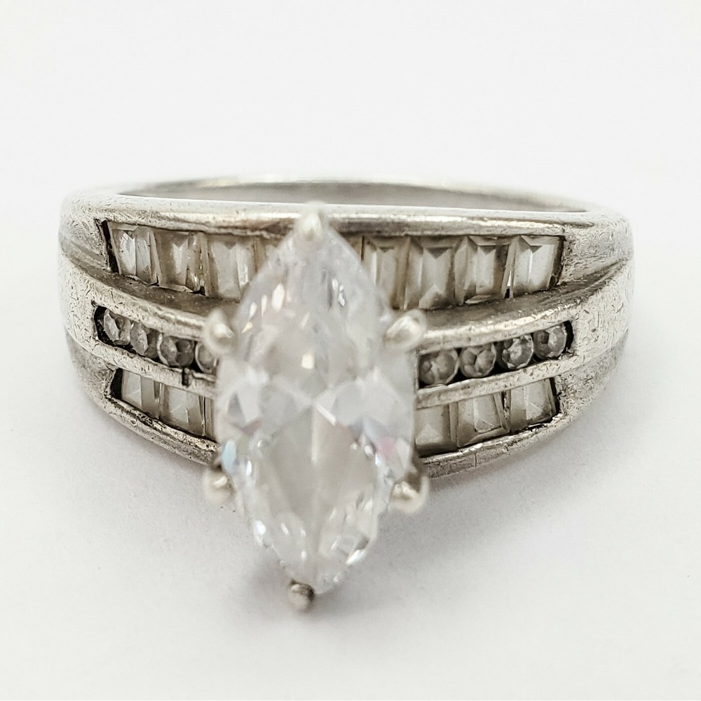 Sterling Silver Ring Size 8 Cubic Zirconia Marquise Cut Baguette Accents